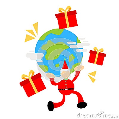 christmas red santa lift world earth globe gift box cartoon doodle flat design style Vector Illustration