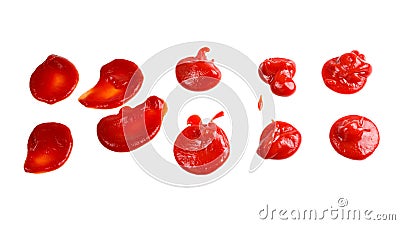 Red sauce splashes isolated on white background. Ketchup Stock Photo