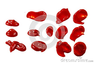 Red sauce splashes isolated on white background. Ketchup Stock Photo