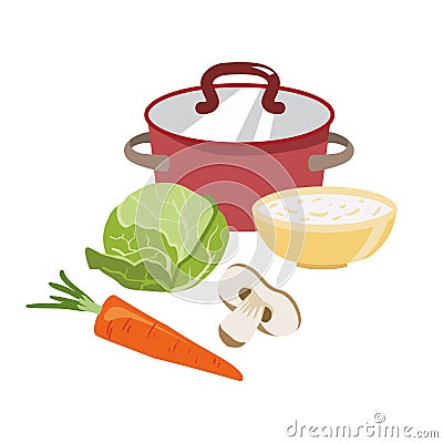 Red saucepan with copper lid. Ingredients for the preparation soup and a bowl of oatmeal. abbage, carrots, half of Vector Illustration