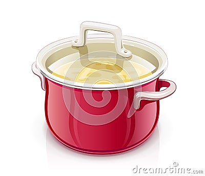 Red saucepan with lid. Kitchen tableware. Vector Illustration