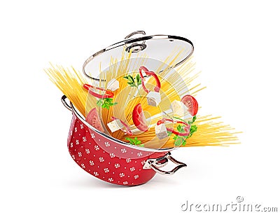 Red saucepan with pasta and cheese, vegetables, isolated Stock Photo
