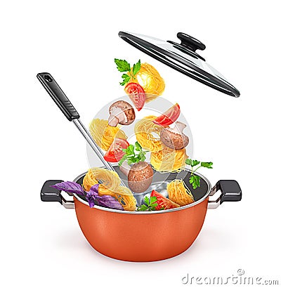 Red saucepan with pasta and mushrooms with vegetables Stock Photo