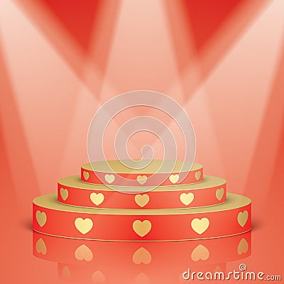 Red scene with golden hearts and lighting. Vector Illustration