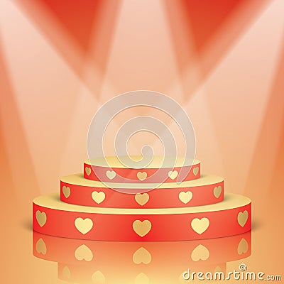 Red scene with golden hearts and lighting. Vector Illustration