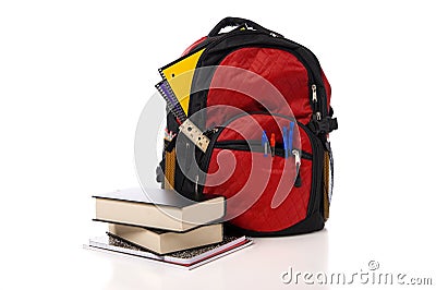 Red School Backpack with Books Stock Photo