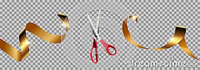 Red scissors cut gold ribbon realistic illustration. Grand opening ceremony symbols, 3d accessories on transparent Vector Illustration
