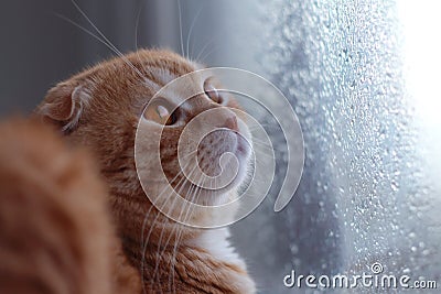 Red scottishfold cat looks on the rain drops on the window glass Stock Photo