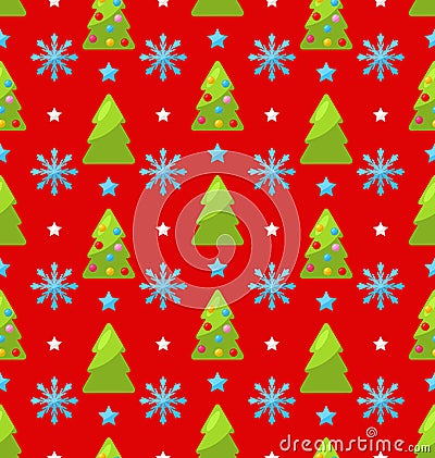 Red seamless Christmas pattern green fir Vector Illustration