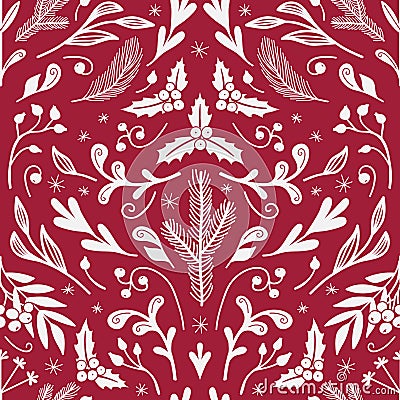 Red seamless Christmas pattern with winter flora. Vector illustration Stock Photo