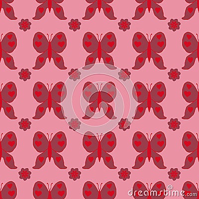 Red seamless pattern with butterfly dragonfly with hearts on wings. Endless print with different insects and flowers for wrapping Stock Photo