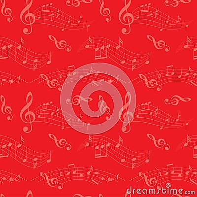 Red seamless pattern with wavy music notes - vector background Vector Illustration