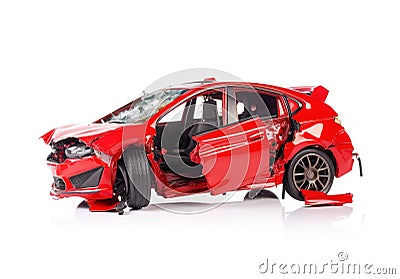 Red sedan car crashed. Generative A.I Stock Photo