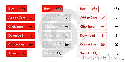 Red set of web buttons with icons Vector Illustration