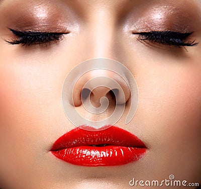 Red Lips and Nails closeup. Open Mouth Stock Photo