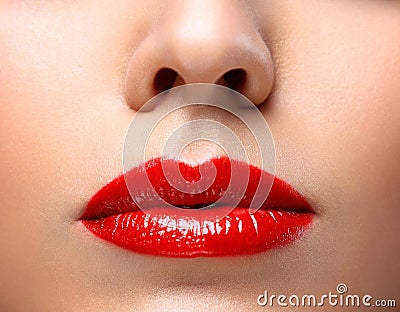 Red Lips and Nails closeup. Open Mouth Stock Photo