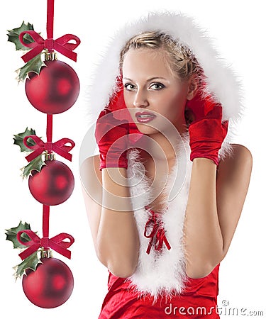 Red and santa claus girl hiding under hood Stock Photo