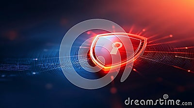 Red shield icon with a glowing keyhole on a futuristic digital grid, symbolizing cybersecurity, data encryption, and trust in I Cartoon Illustration