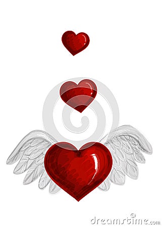 Red shining hearts. Big and small hearts with wings background. Valentine's Day card Mother's Day Birthday. Stock Photo