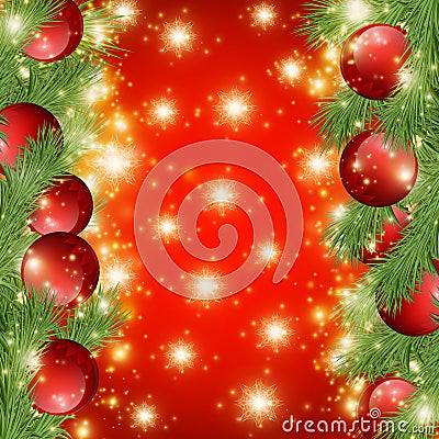 Red shiny background with Christmas decorations, decorative spruce branches, golden stars , holiday Merry X-mas and Happy New Year Cartoon Illustration