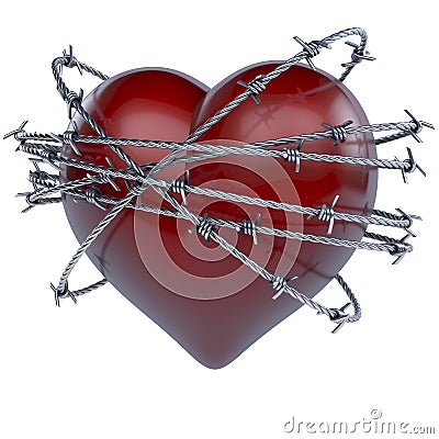 Red shiny heart crowned, wrapped, surrounded by circles of barb wire Stock Photo