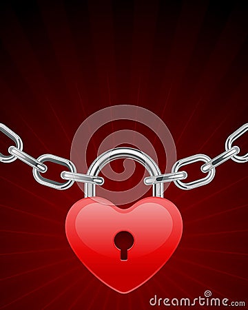 Red shiny heart lock shape on chain Vector Illustration