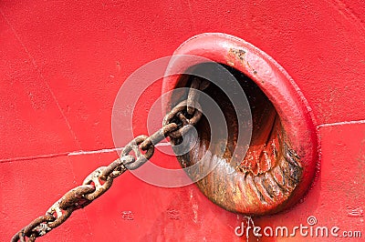 Red Ship Detail With big chain Stock Photo