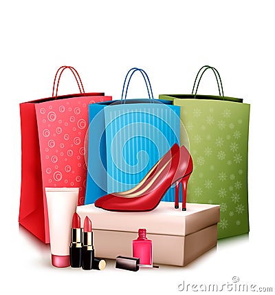 Red shoes and cosmetics with colorful shopping bags. Concept of Vector Illustration