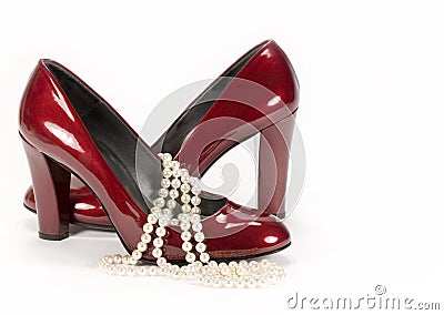 Red Shoes Pearls Stock Photo