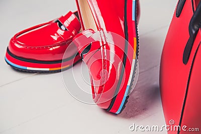 Red shoes, stylish patent leather shoes Stock Photo