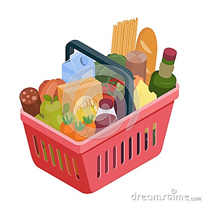 Red shopping basket with different food isometric illustration. Stock vector.Grocery shopping, supermarket illustration. Vector Illustration