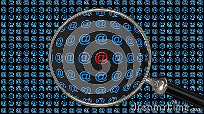 Red @ sign shown in a magnifying glass in front of a black screen filled with blue @ signs Cartoon Illustration