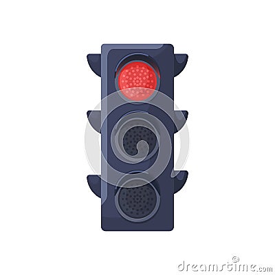 Red signal on traffic light. Semaphore with stop sign. Led lamp prohibiting movement. Crossroads stoplight. Street Vector Illustration