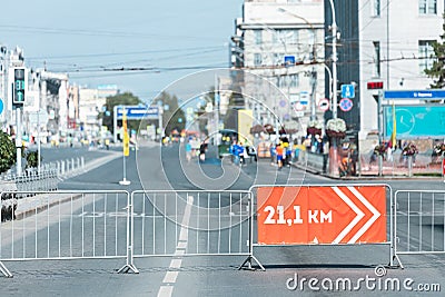 Red signpost 21.1 km sign Stock Photo