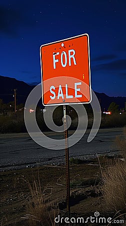 Red signpost with the words For sale against the night landscape backdrop. For sale button concept. Generative AI Stock Photo