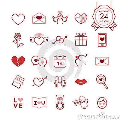 Red signs and symbols line icons set of heart and romantic elements for valentines day. Vector Illustration