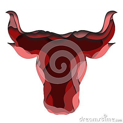 Red silhouette of a bull head with paper cut layers. The symbol of the new year 2021. Buffalo with horns. Vector colorful Cartoon Illustration