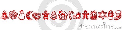 Red silhouette of Christmas gingerbread cookies. Seamless border. Vector illustration. Vector Illustration