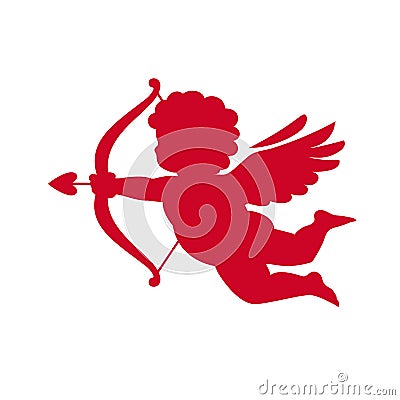 Red silhouette of Cupid aiming a bow and arrow. Valentines Day love symbol.Vector illustration isolated Vector Illustration