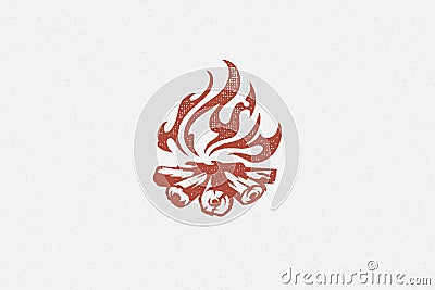 Red silhouette of hot campfire burning on logs on campsite hand drawn stamp effect vector illustration. Vector Illustration