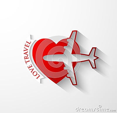 Red silhouette of jet airplane on heart shape Vector Illustration