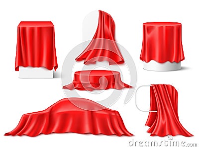 Red silk cloth covered objects. Realistic textile draperies, fabrics with folds on pedestals and frames, hidden surprise Vector Illustration