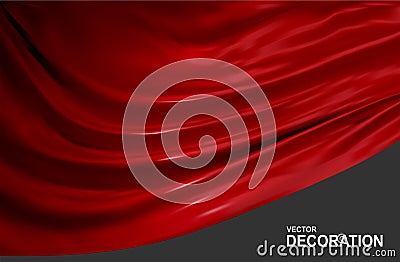 Red silk fabric isolated on gray background. Abstract, Realistic, 3D Vector illustration.Luxurious decorative backdrop with soft Vector Illustration