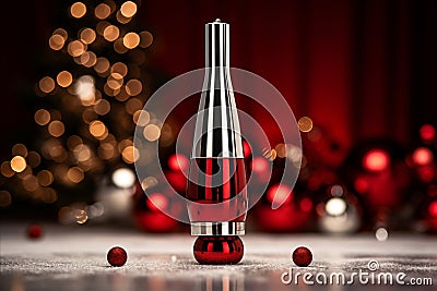 a red and silver bottle with a christmas tree in the background Stock Photo
