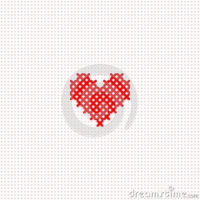 Red simple cute cross stitch heart on white canvas card template, vector Vector Illustration