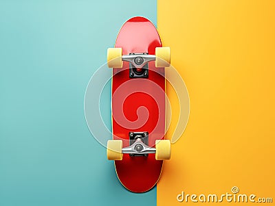 Red skate board or skating surf board on colored background with copy space. Extreme lifestyle and active sports. Colorful cruiser Stock Photo