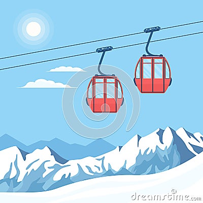 Red ski cabin lift for mountain skiers moves in the air on a cableway on the background of winter snow capped mountains. Cartoon Illustration