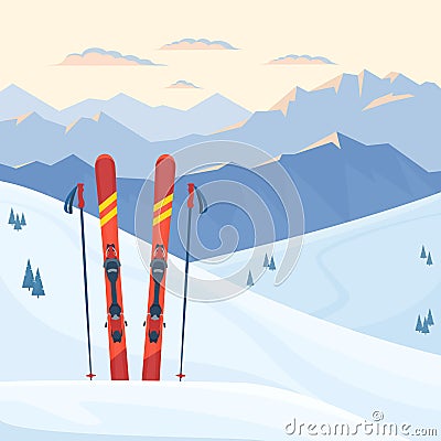 Red ski equipment at the ski resort. Snowy mountains and slopes, winter evening and morning landscape, sunset, sunrise. Cartoon Illustration