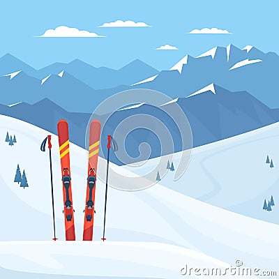 Red ski equipment at the ski resort. Snowy mountains and slopes, winter landscape. Cartoon Illustration