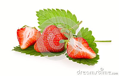 Red sliced strawberry fruits with green leaves Stock Photo